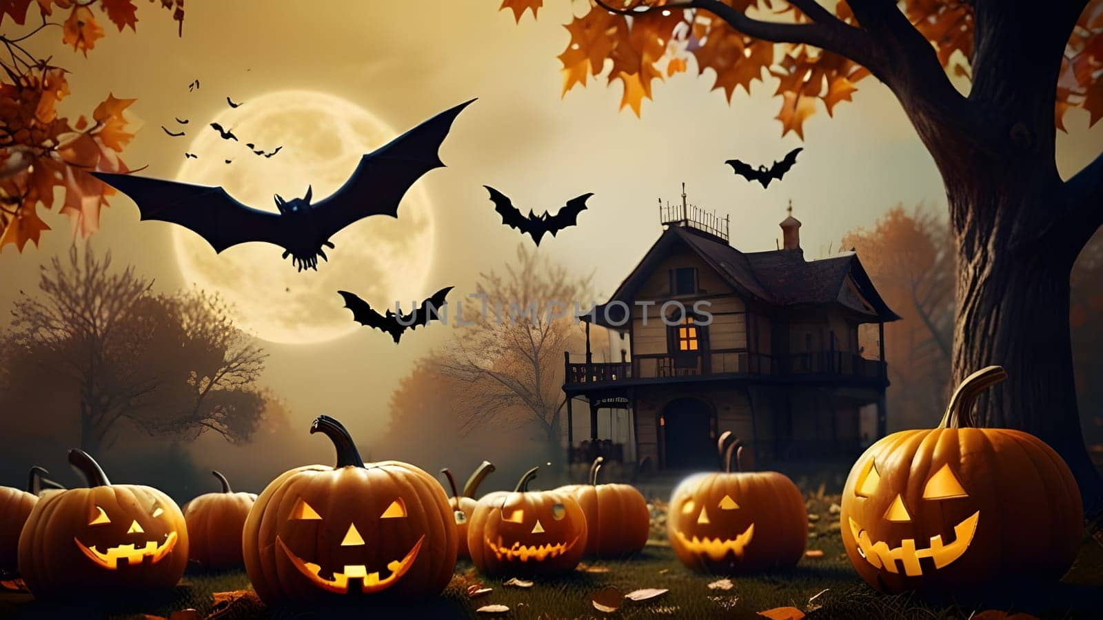 Black silhouette of bats before lune, witch house and lines of halloween pumpkins in autumn season