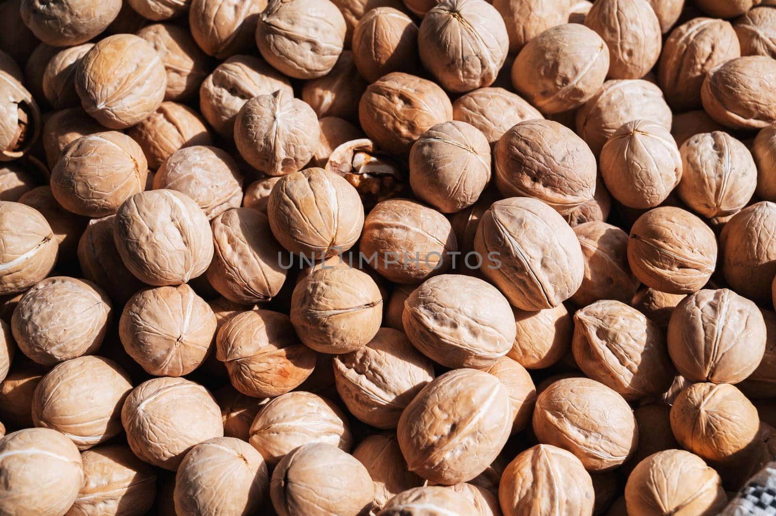 background with a lot of unpeeled walnuts in shells on the market counter close-up