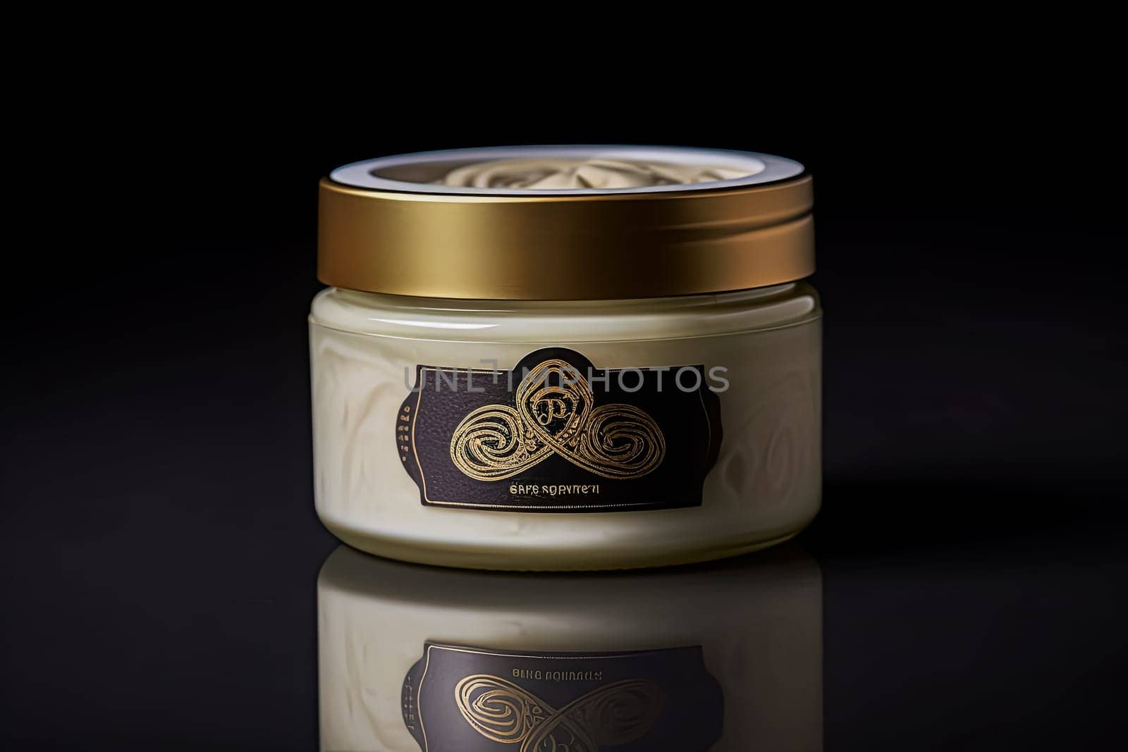 A jar of lotion sits on a wooden surface. The lotion is creamy and has a light color. Concept of relaxation and self-care