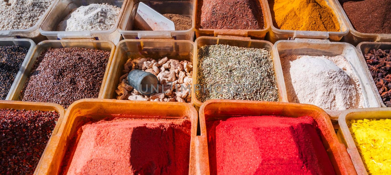 assortment of oriental turkish spices at the arabic bazaar in Turkey