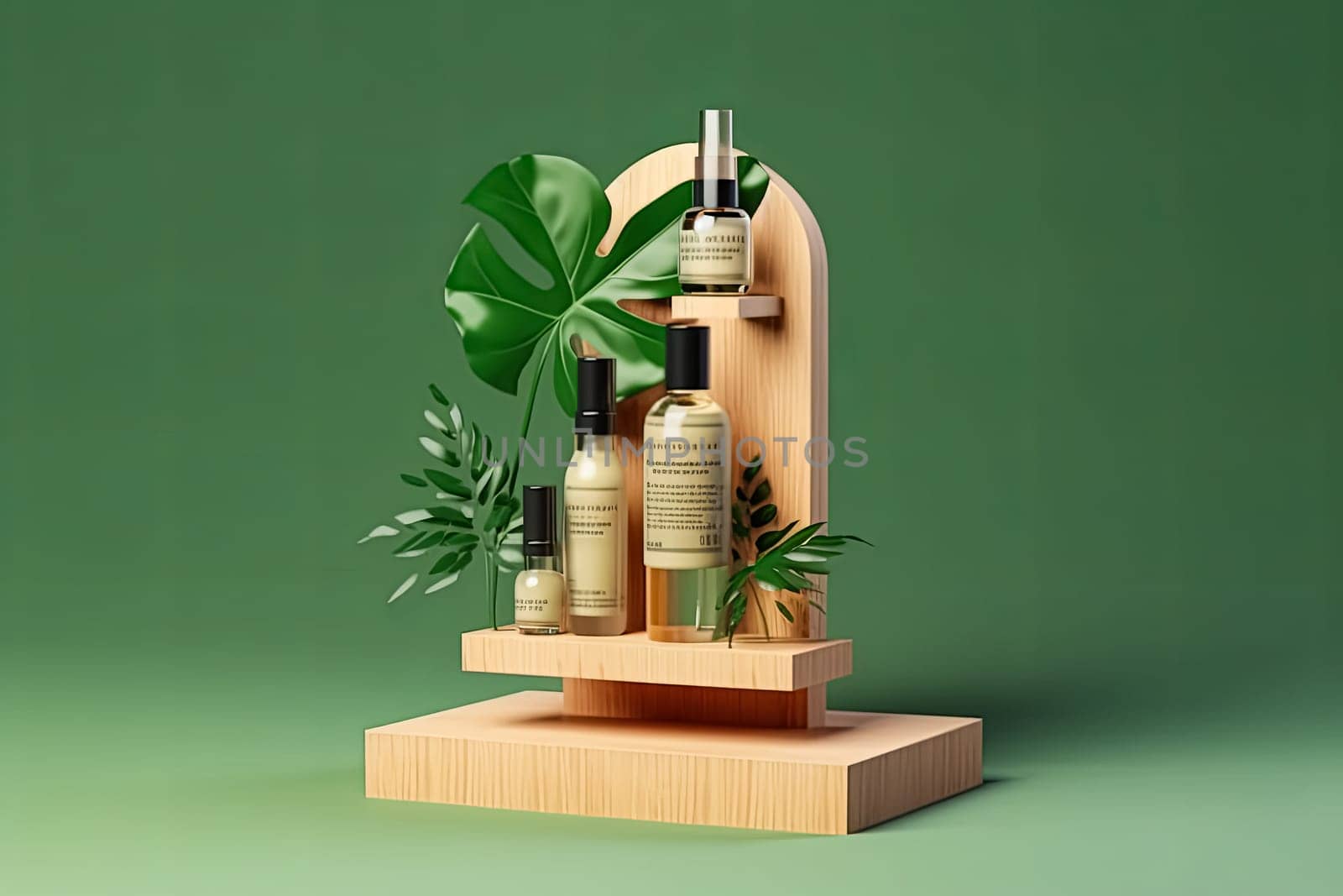 Skincare cosmetics displayed on a podium against a green background.