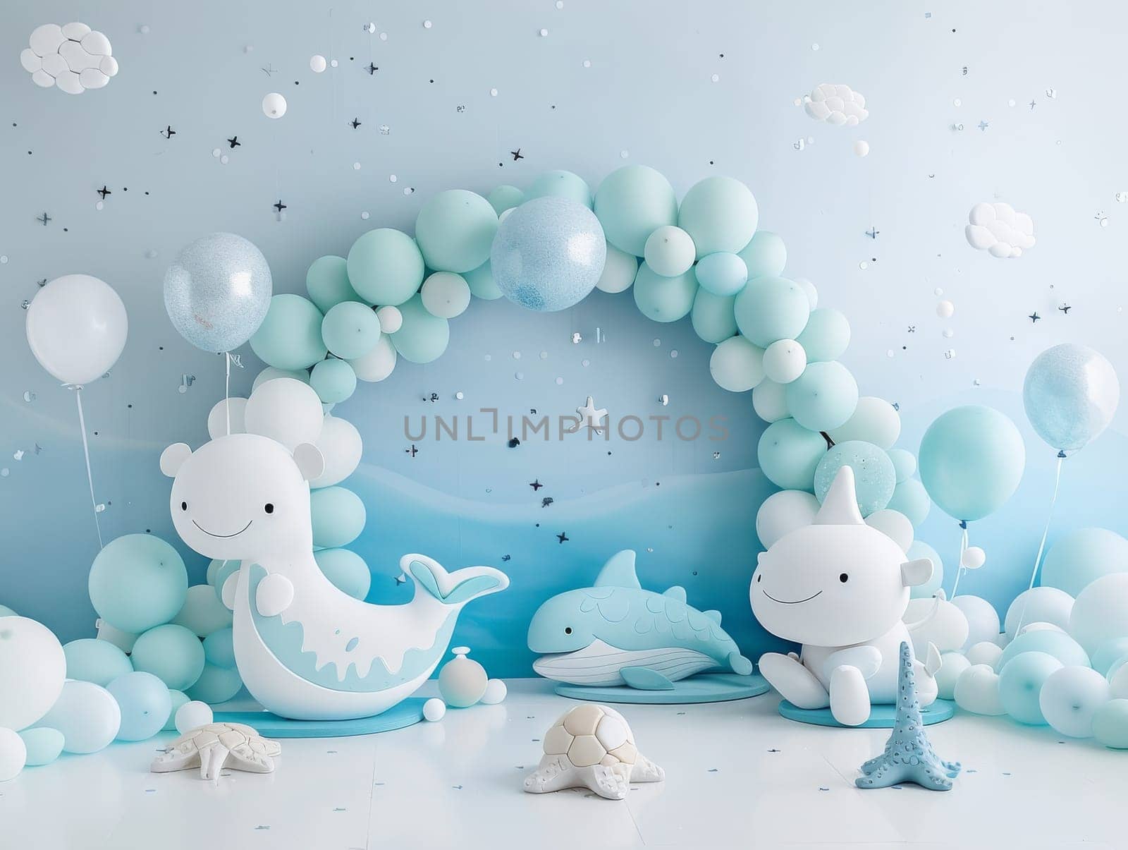 A blue and white room with a blue archway and a blue background. The archway is filled with balloons and there are several stuffed animals, including a whale and a dolphin