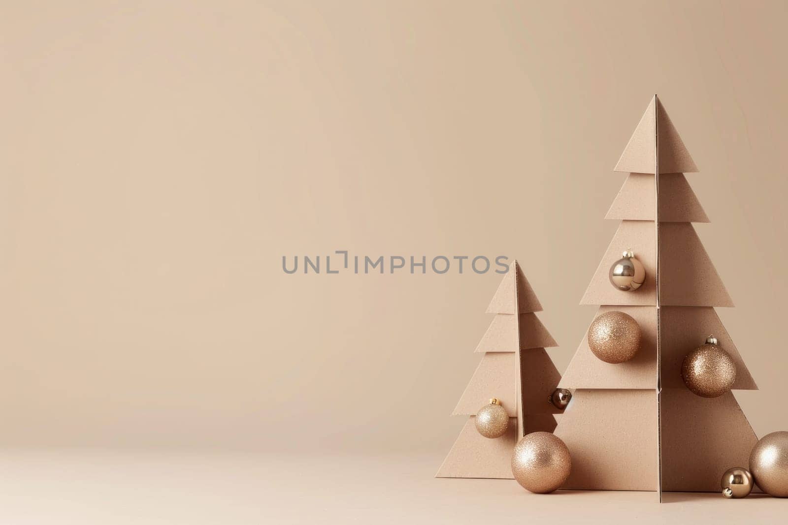 Cardboard christmas tree on beige background in 3d for winter holiday season celebration and home decoration