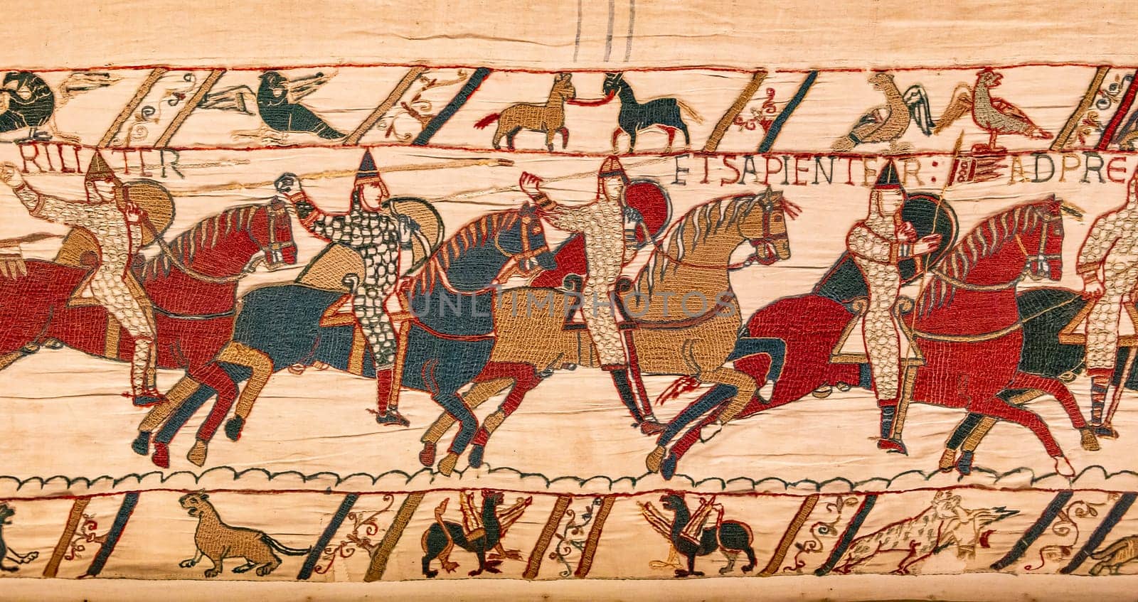 BAYEUX, FRANCE, MAY 14, 2024 : Tapestry of Bayeux, illustrate the battle of Hastings year 1066, Norman conquest of England