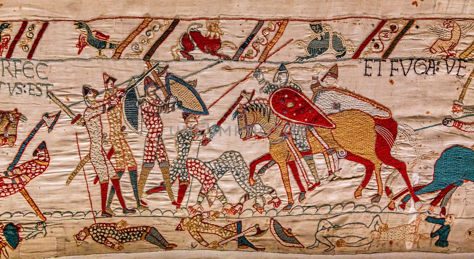 BAYEUX, FRANCE, MAY 14, 2024 : Tapestry of Bayeux, illustrate the battle of Hastings year 1066, Norman conquest of England