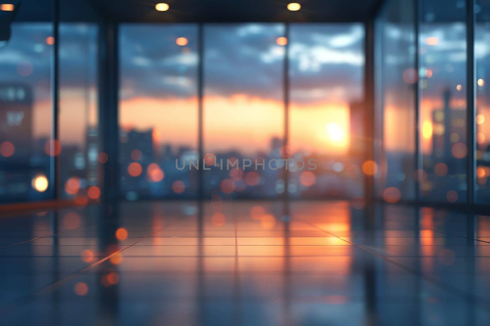 A window with a view of a city skyline and a plant in a vase. The sunlight is shining through the window, creating a warm and inviting atmosphere