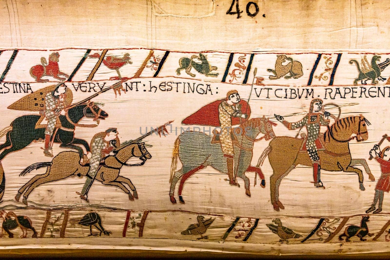 BAYEUX, FRANCE, MAY 14, 2024 : Tapestry of Bayeux, illustrate the battle of Hastings year 1066, Norman conquest of England