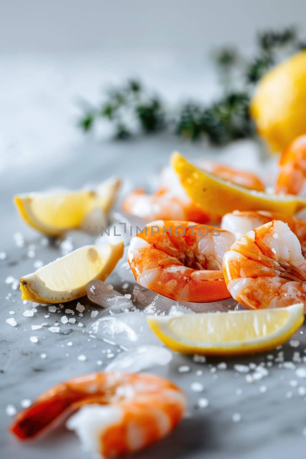 Fresh shrimp and luscious lemons on rustic table with salt and thyme sprig