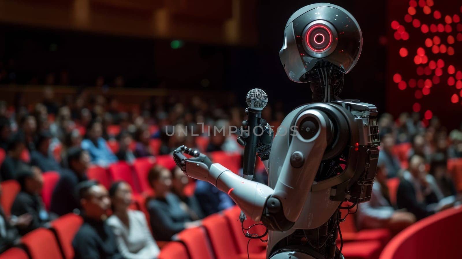 A robot is standing in front of a crowd of people, holding a microphone. The robot is wearing a red jacket and has a red microphone. The robot is giving a speech, and the audience is watching intently
