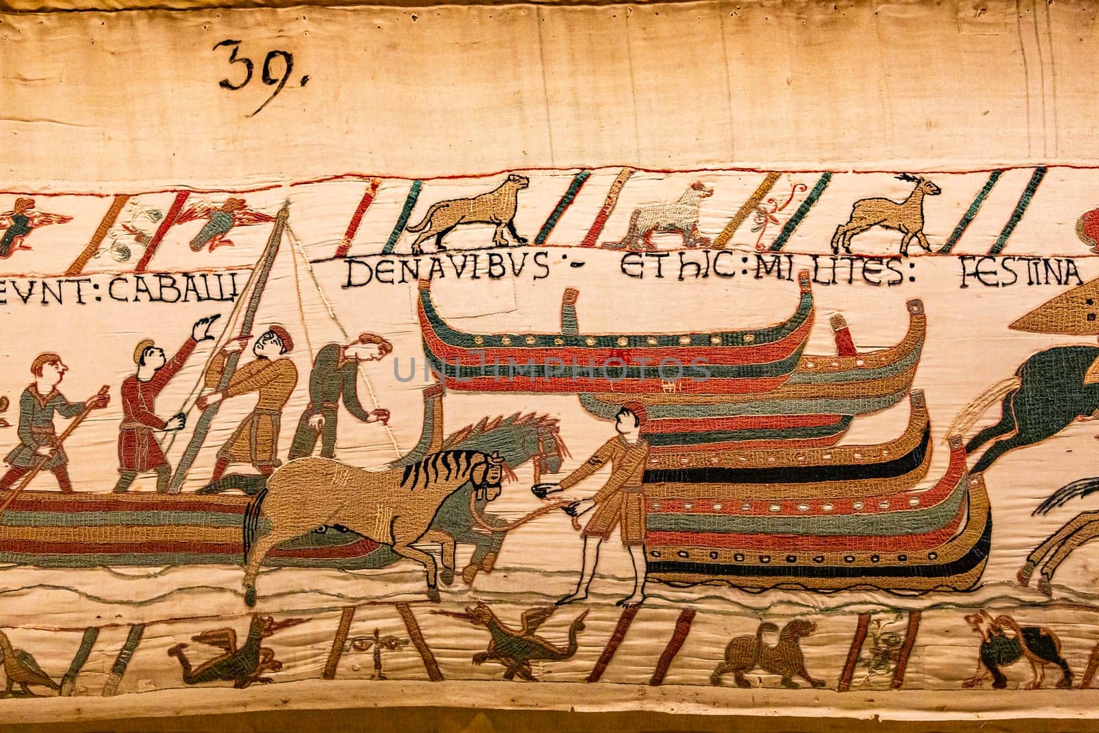 BAYEUX, FRANCE, MAY 14, 2024 : Tapestry of Bayeux, illustrate the battle of Hastings year 1066, Norman conquest of England