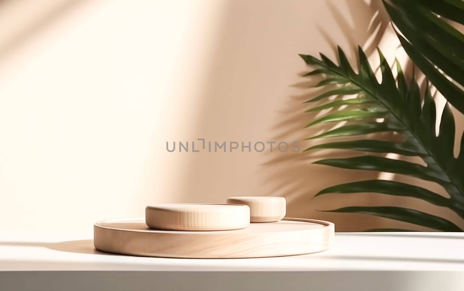 A white table with a wooden tray and three plates on it, creating a minimalist and stylish dining setup.