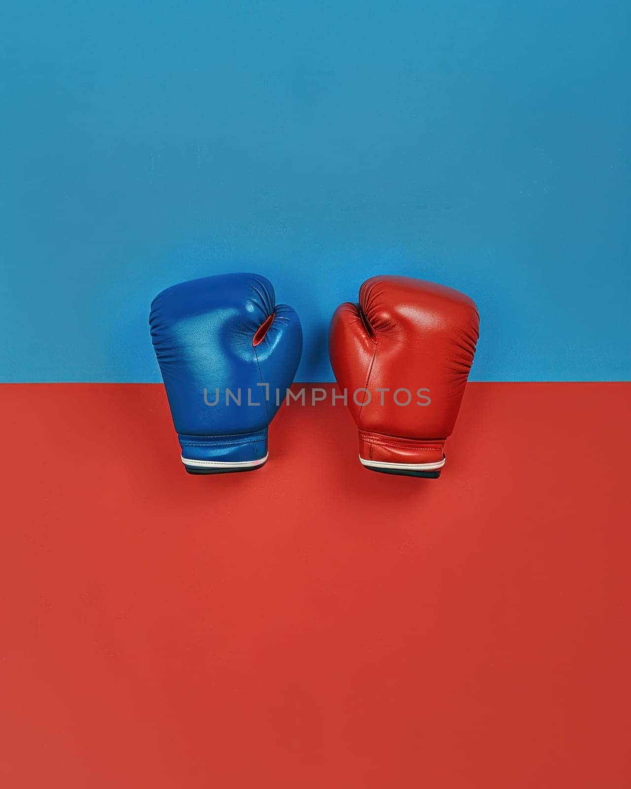 Two red and blue boxing gloves on a colorful background for sports and fitness concept