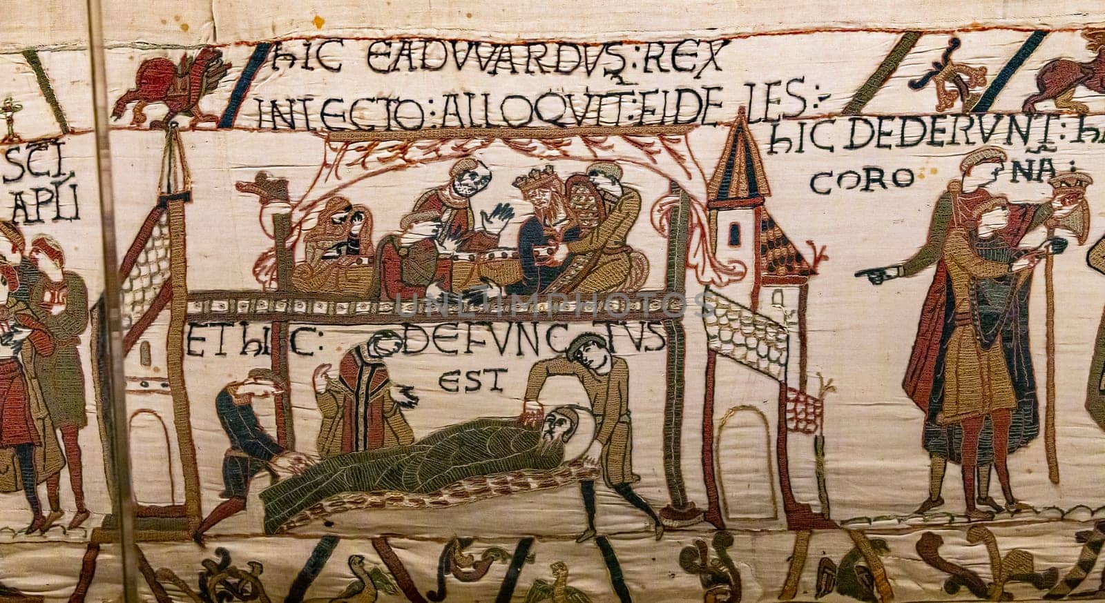 BAYEUX, FRANCE, MAY 14, 2024 : Tapestry of Bayeux, illustrate the battle of Hastings year 1066, Norman conquest of England