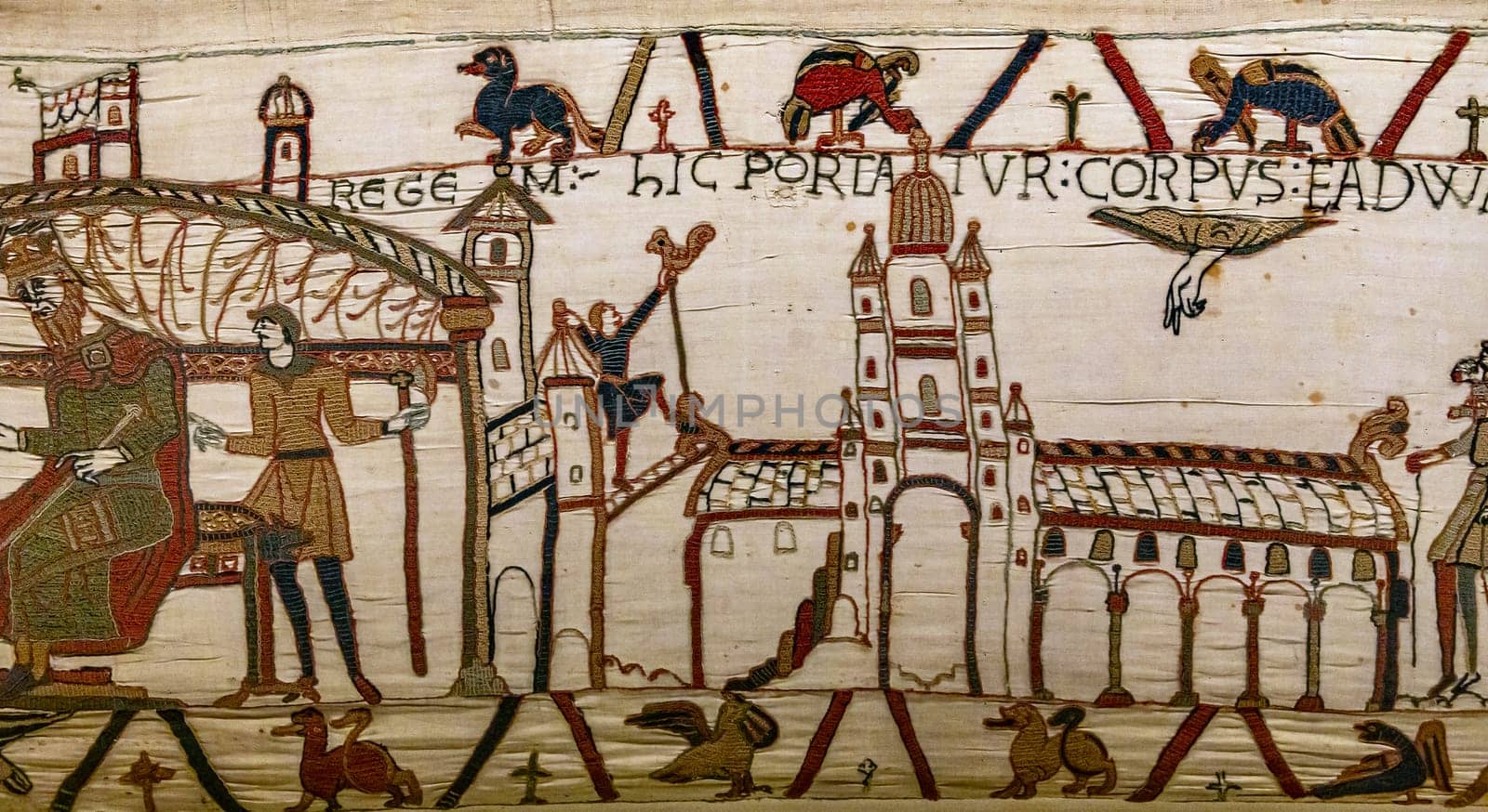 BAYEUX, FRANCE, MAY 14, 2024 : Tapestry of Bayeux, illustrate the battle of Hastings year 1066, Norman conquest of England