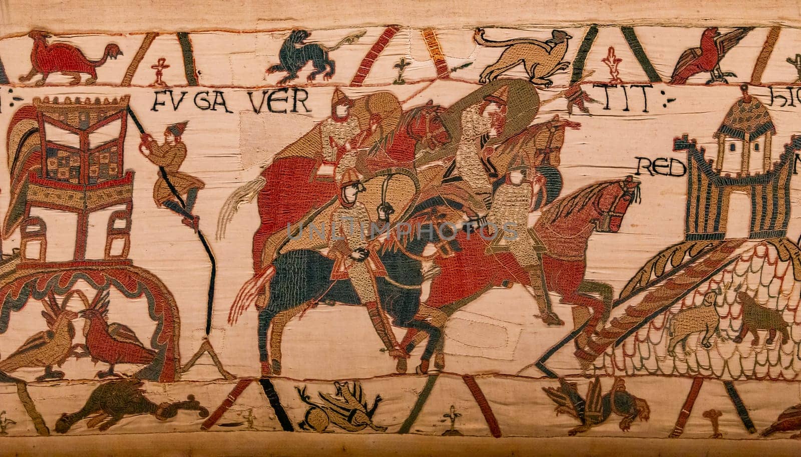 BAYEUX, FRANCE, MAY 14, 2024 : Tapestry of Bayeux, illustrate the battle of Hastings year 1066, Norman conquest of England