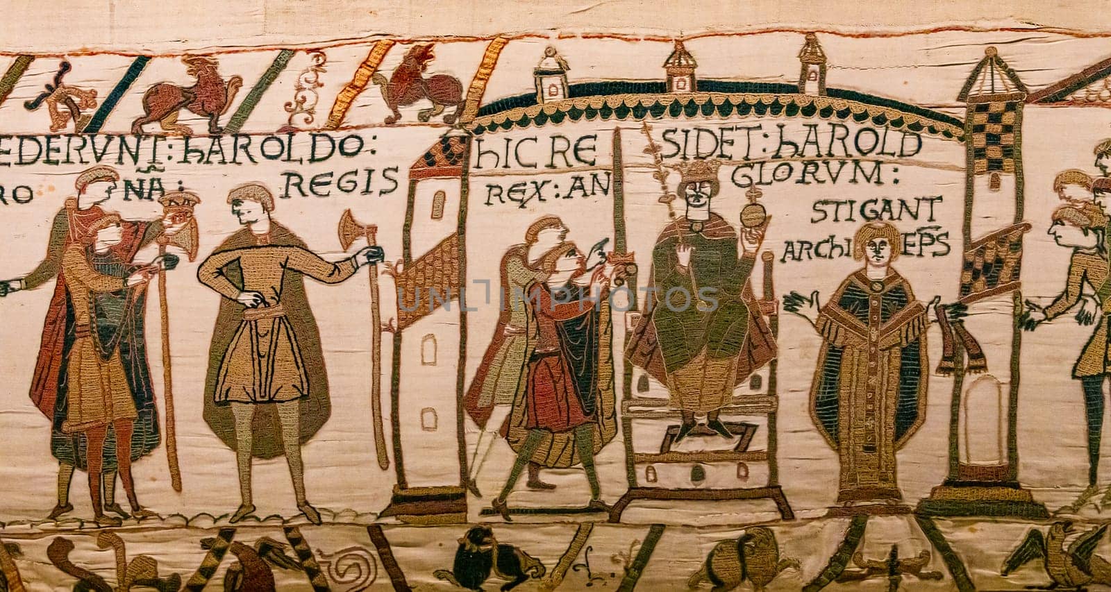 BAYEUX, FRANCE, MAY 14, 2024 : Tapestry of Bayeux, illustrate the battle of Hastings year 1066, Norman conquest of England