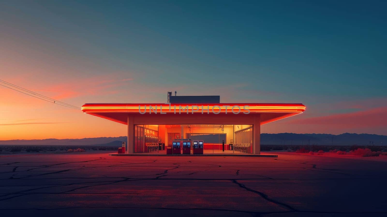 A gas station with a red roof and neon lights. The sky is orange and the sun is setting