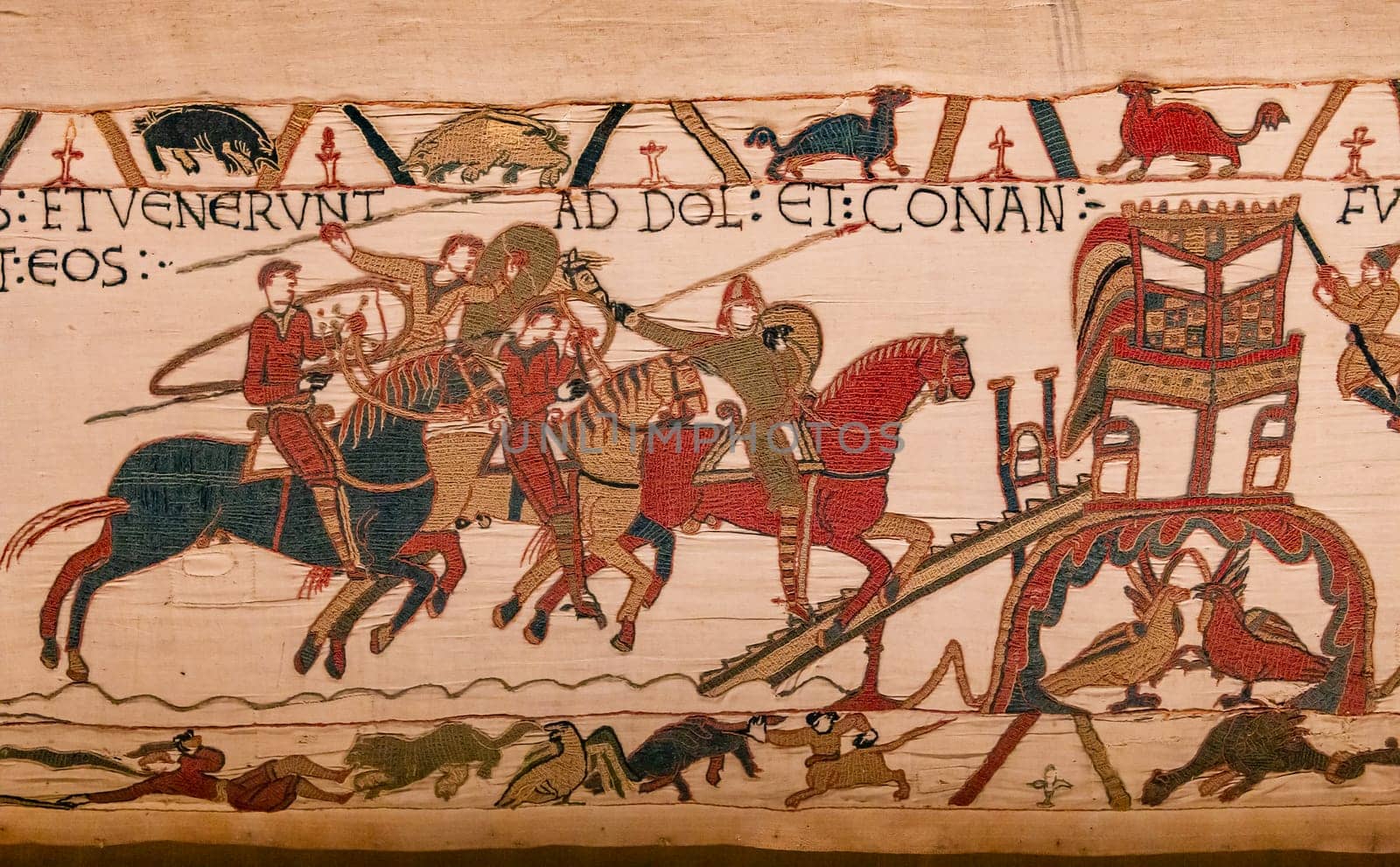 BAYEUX, FRANCE, MAY 14, 2024 : Tapestry of Bayeux, illustrate the battle of Hastings year 1066, Norman conquest of England