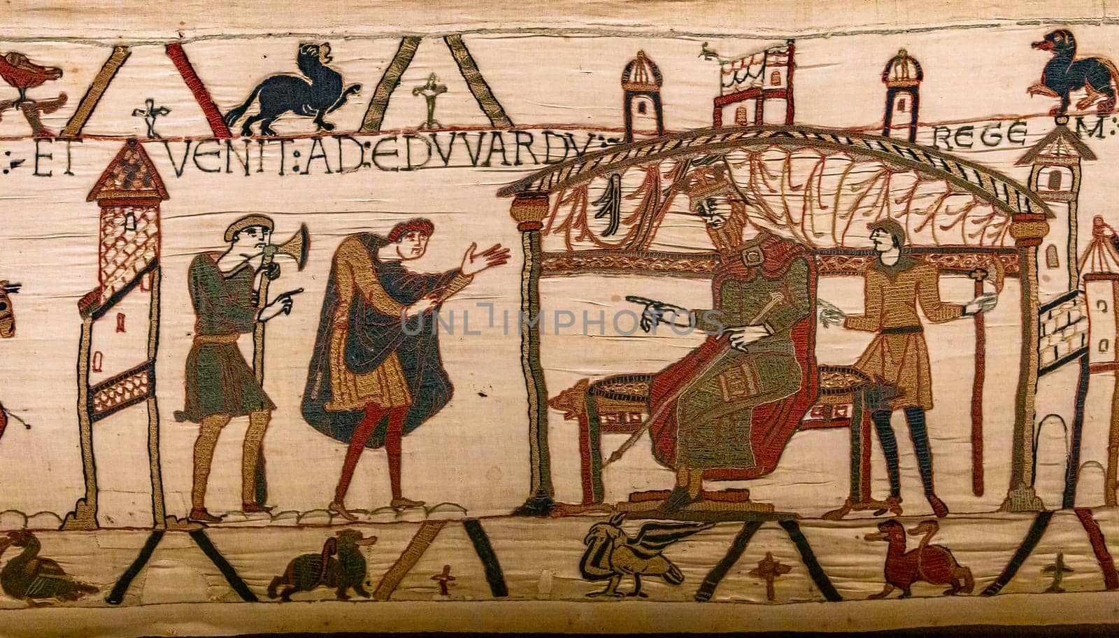 BAYEUX, FRANCE, MAY 14, 2024 : Tapestry of Bayeux, illustrate the battle of Hastings year 1066, Norman conquest of England