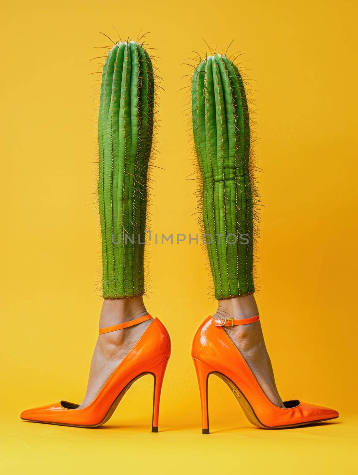 Fashion statement stylish orange heels and desert cactus on vibrant yellow background with legs in frame