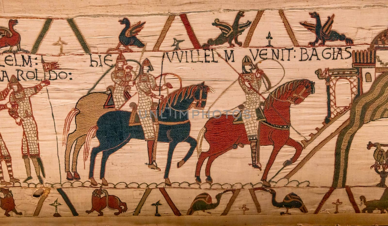 BAYEUX, FRANCE, MAY 14, 2024 : Tapestry of Bayeux, illustrate the battle of Hastings year 1066, Norman conquest of England