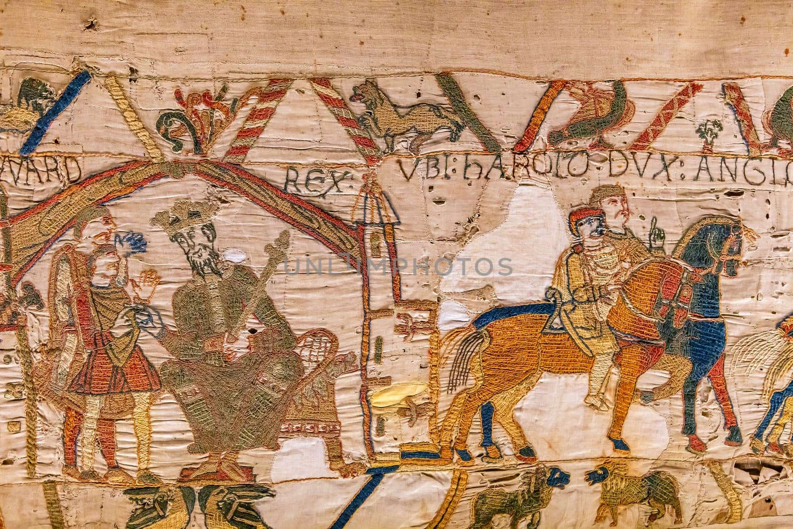 BAYEUX, FRANCE, MAY 14, 2024 : Tapestry of Bayeux, illustrate the battle of Hastings year 1066, Norman conquest of England