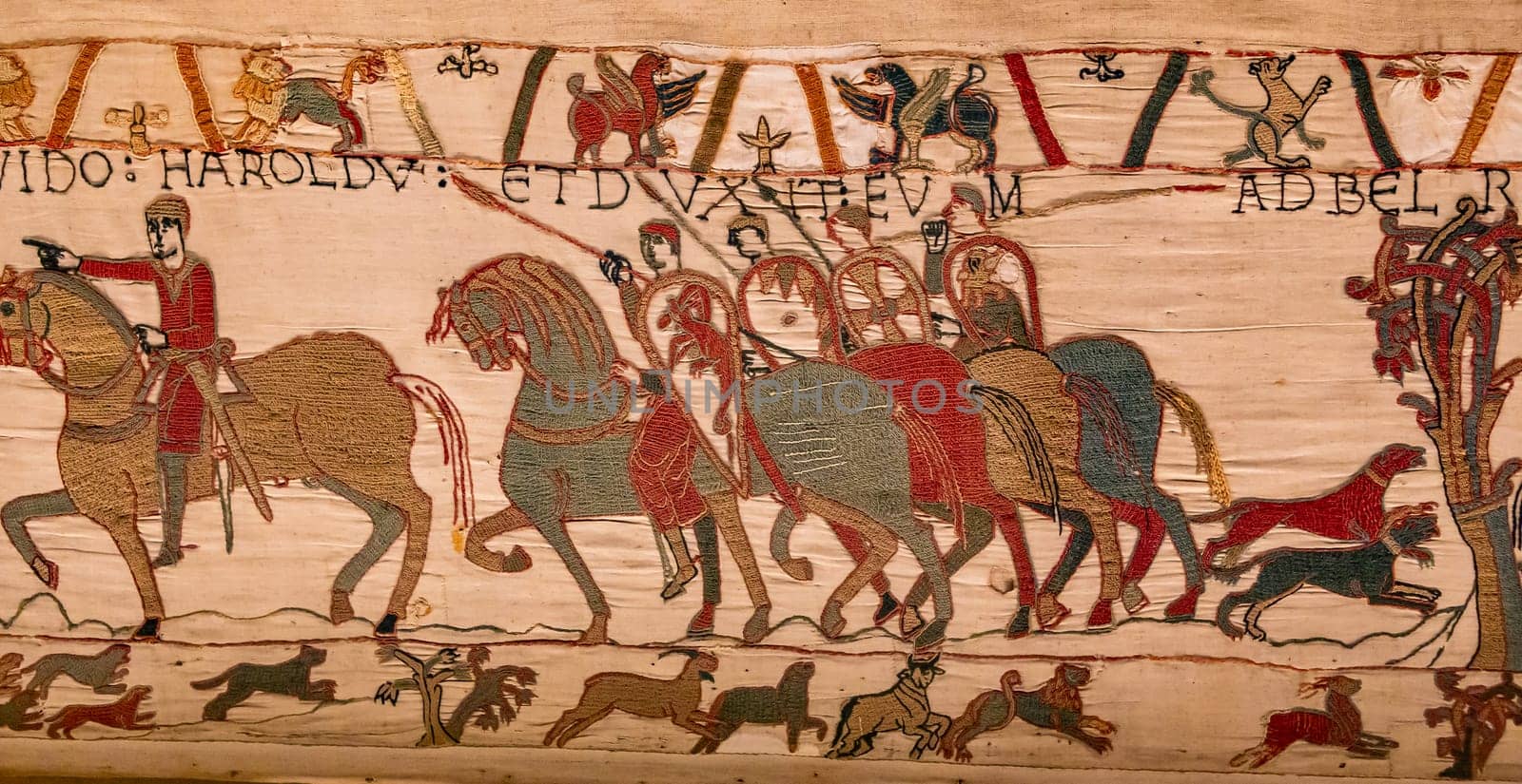 BAYEUX, FRANCE, MAY 14, 2024 : Tapestry of Bayeux, illustrate the battle of Hastings year 1066, Norman conquest of England