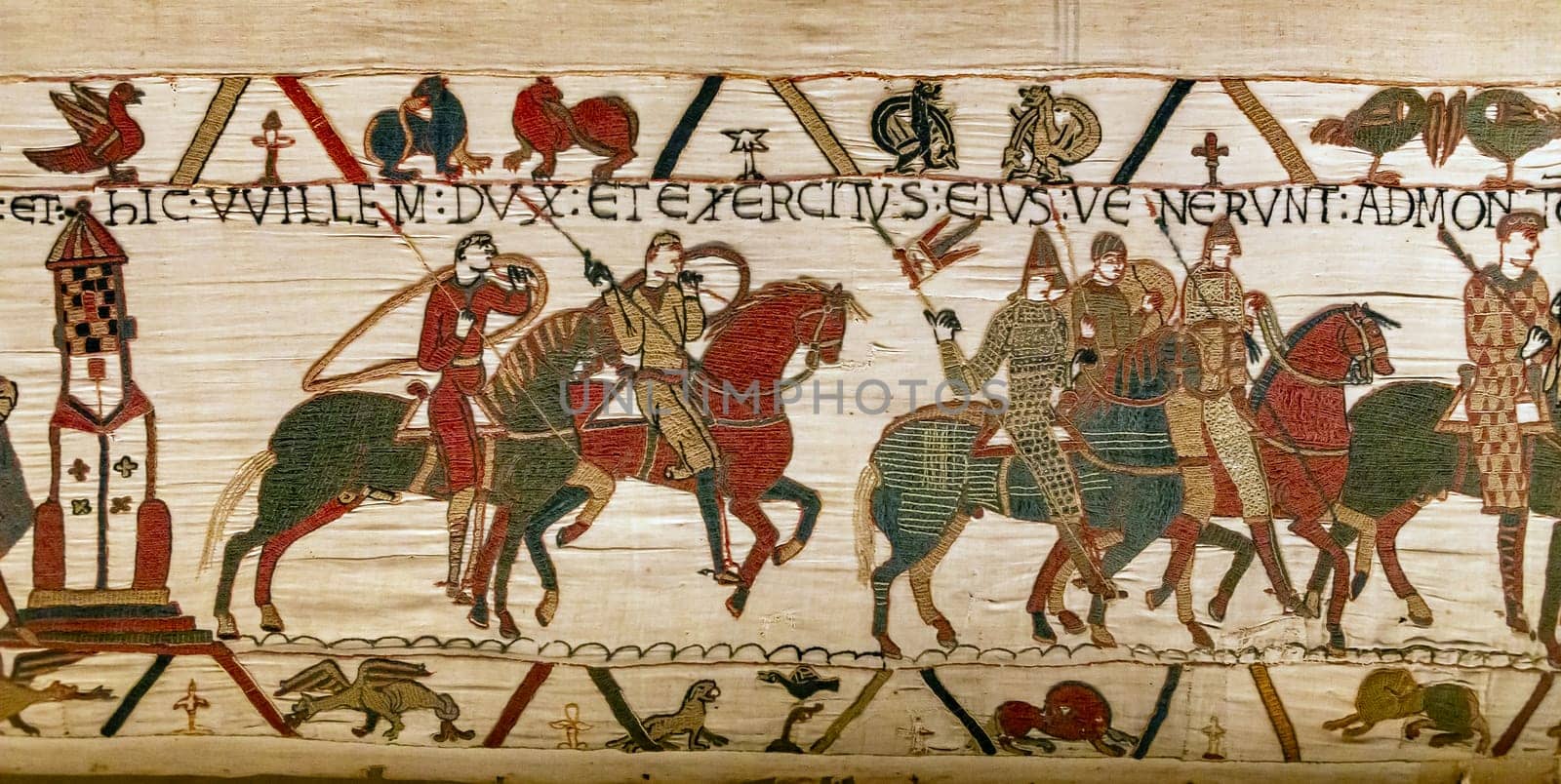 BAYEUX, FRANCE, MAY 14, 2024 : Tapestry of Bayeux, illustrate the battle of Hastings year 1066, Norman conquest of England