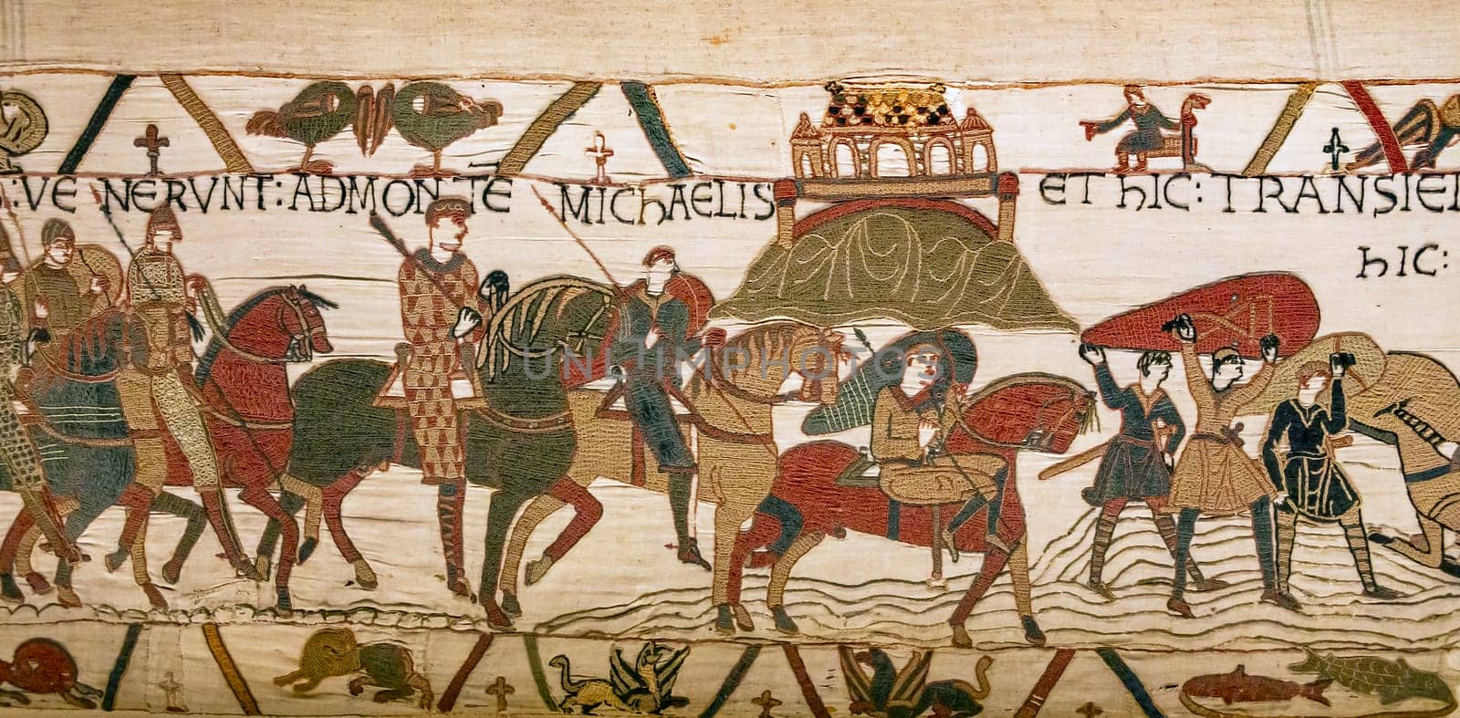 BAYEUX, FRANCE, MAY 14, 2024 : Tapestry of Bayeux, illustrate the battle of Hastings year 1066, Norman conquest of England