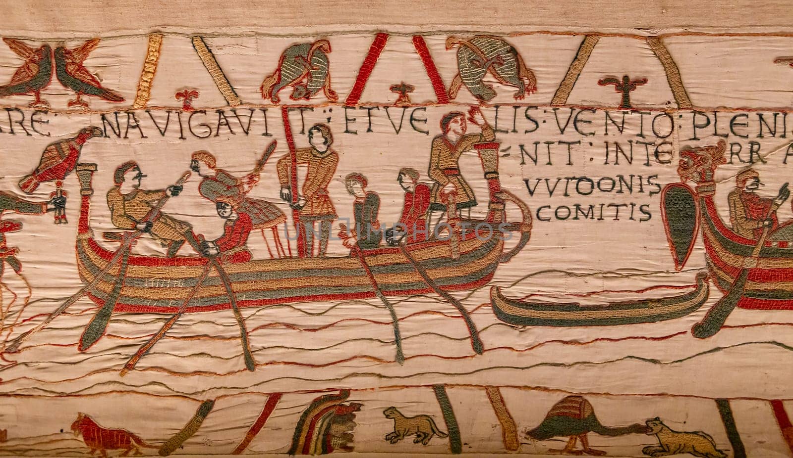 BAYEUX, FRANCE, MAY 14, 2024 : Tapestry of Bayeux, illustrate the battle of Hastings year 1066, Norman conquest of England