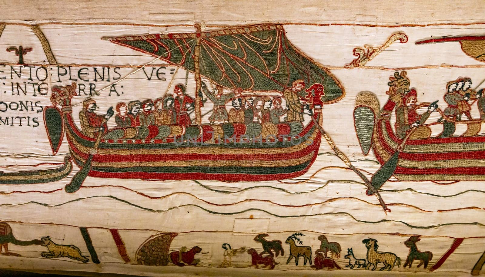 BAYEUX, FRANCE, MAY 14, 2024 : Tapestry of Bayeux, illustrate the battle of Hastings year 1066, Norman conquest of England