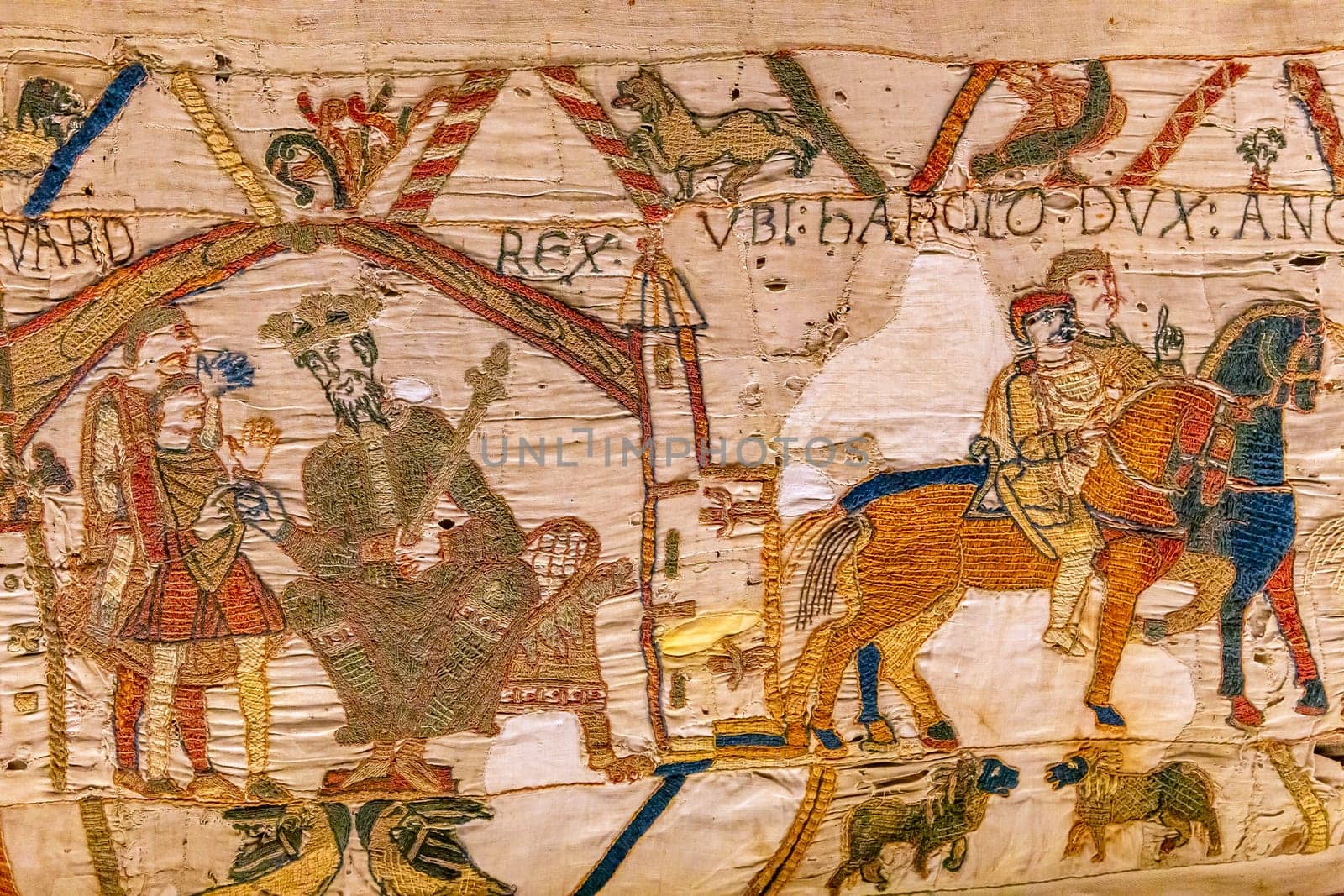 BAYEUX, FRANCE, MAY 14, 2024 : Tapestry of Bayeux, illustrate the battle of Hastings year 1066, Norman conquest of England