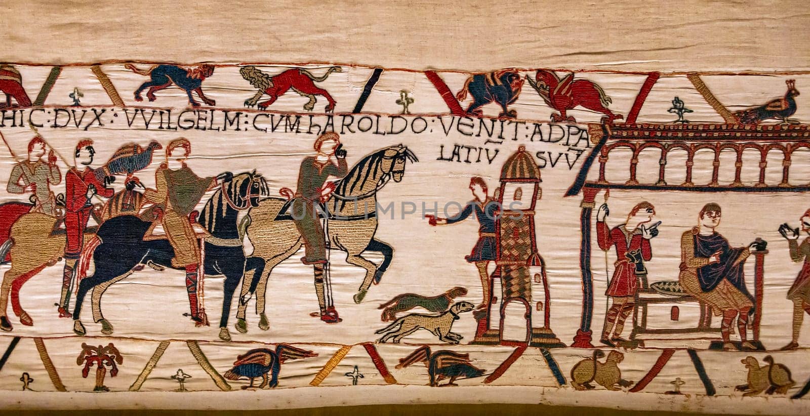 BAYEUX, FRANCE, MAY 14, 2024 : Tapestry of Bayeux, illustrate the battle of Hastings year 1066, Norman conquest of England