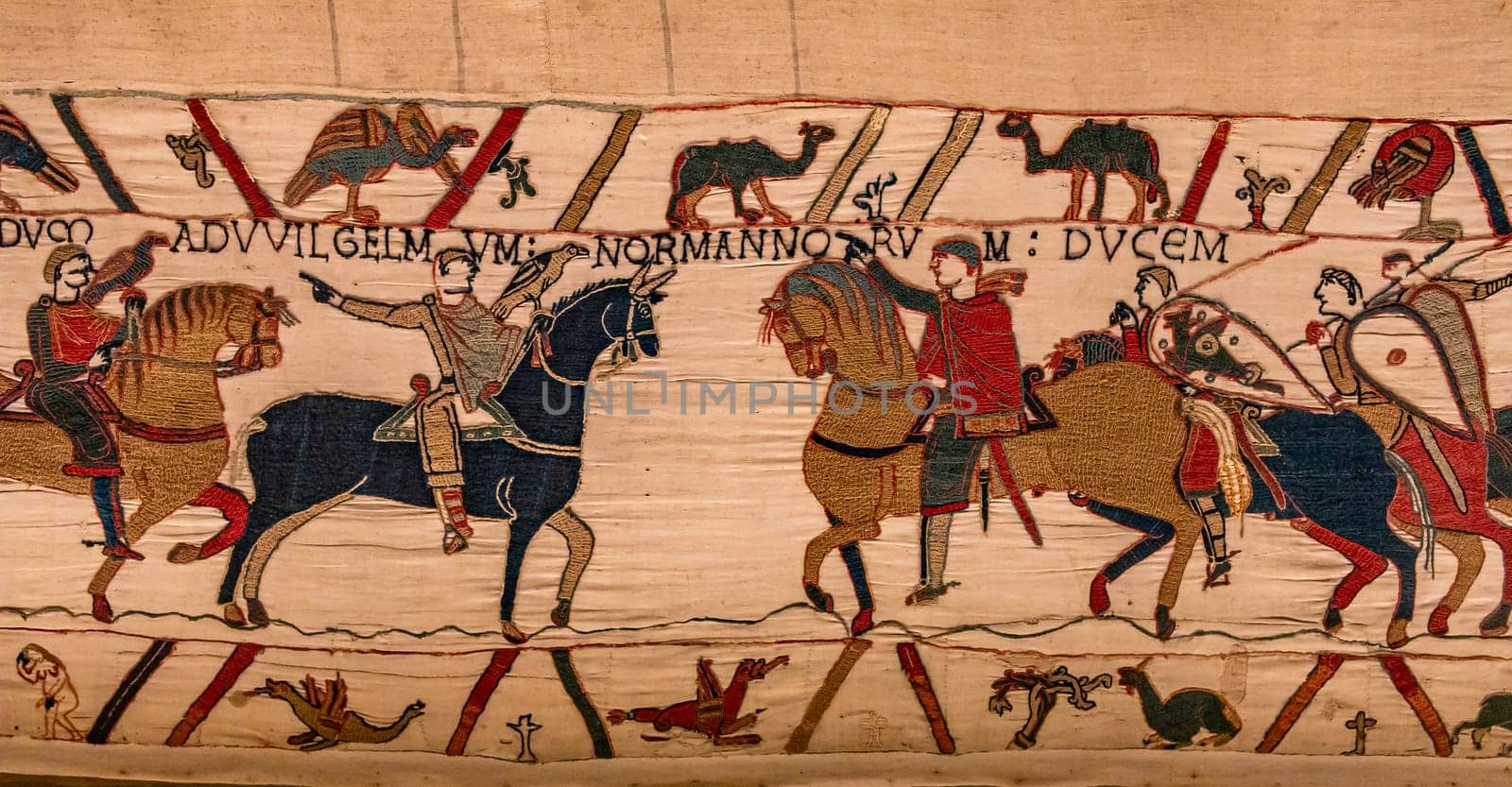 BAYEUX, FRANCE, MAY 14, 2024 : Tapestry of Bayeux, illustrate the battle of Hastings year 1066, Norman conquest of England