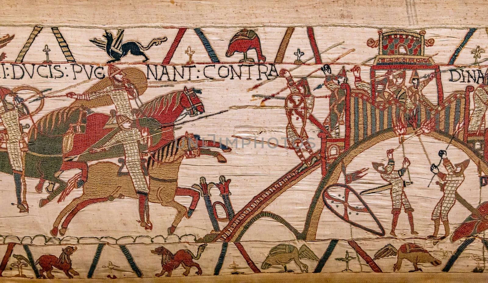 BAYEUX, FRANCE, MAY 14, 2024 : Tapestry of Bayeux, illustrate the battle of Hastings year 1066, Norman conquest of England