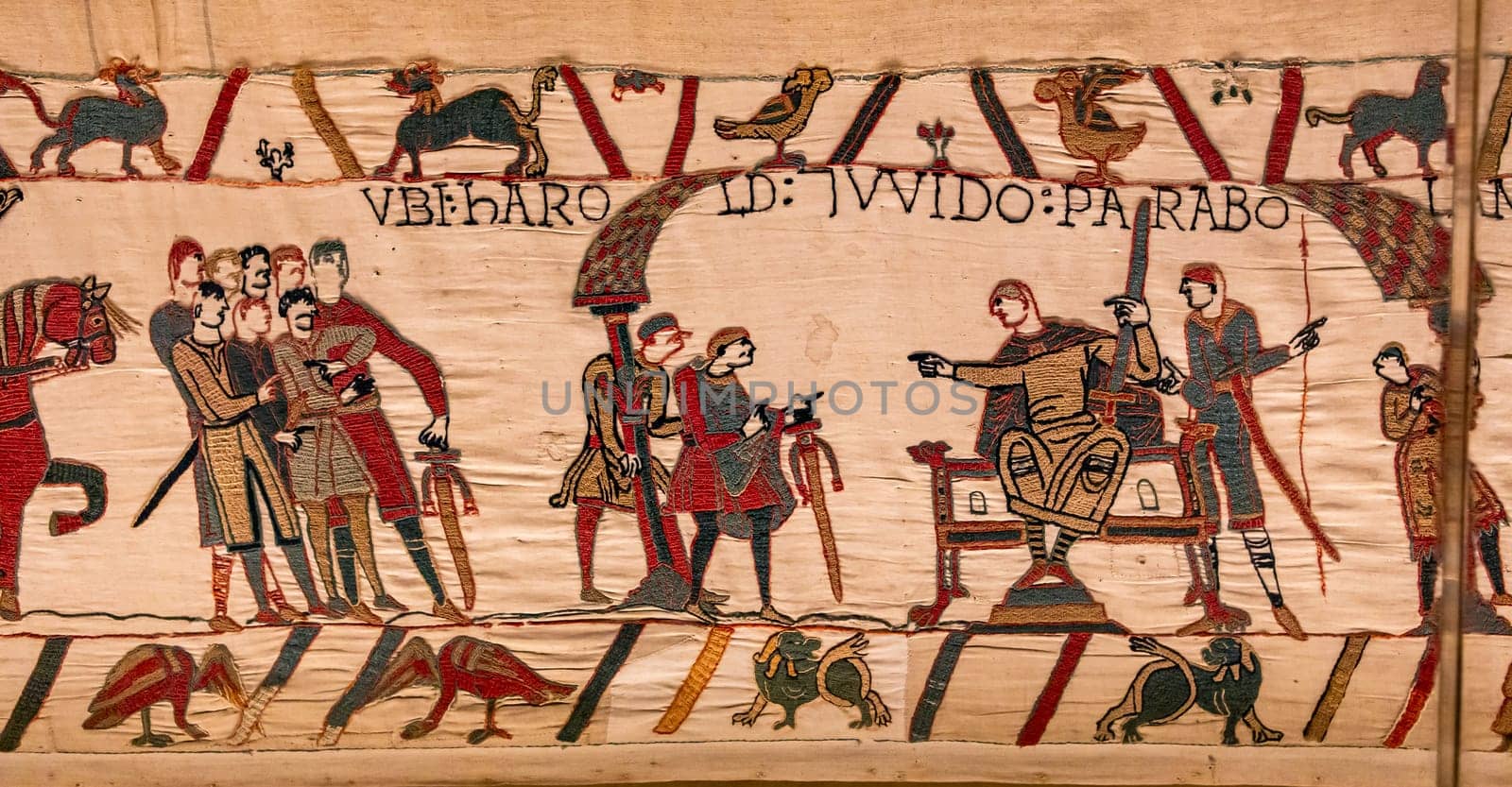 BAYEUX, FRANCE, MAY 14, 2024 : Tapestry of Bayeux, illustrate the battle of Hastings year 1066, Norman conquest of England