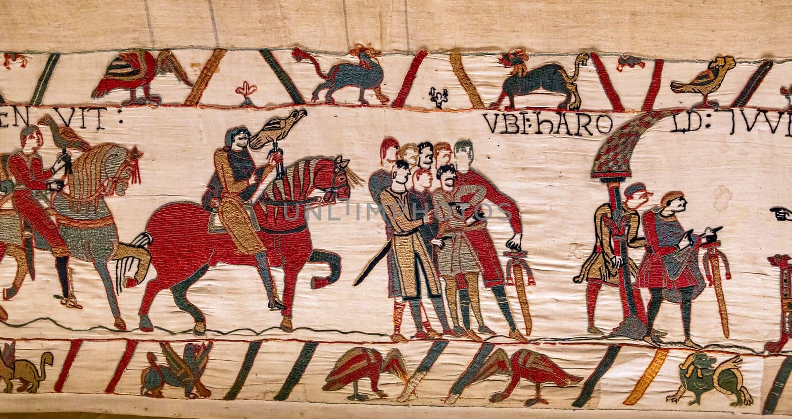 BAYEUX, FRANCE, MAY 14, 2024 : Tapestry of Bayeux, illustrate the battle of Hastings year 1066, Norman conquest of England