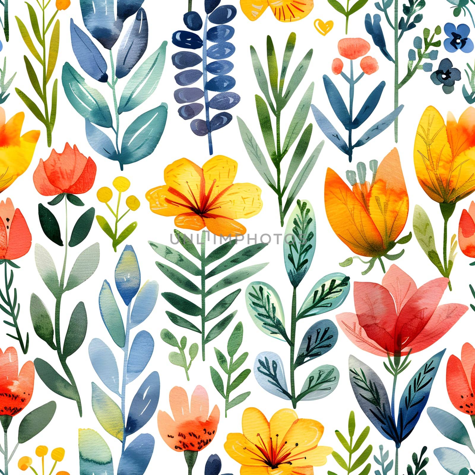 A beautiful seamless pattern featuring watercolor flowers, leaves, and petals on a white background. Perfect for adding a touch of botanical art to dishware, textiles, or serveware