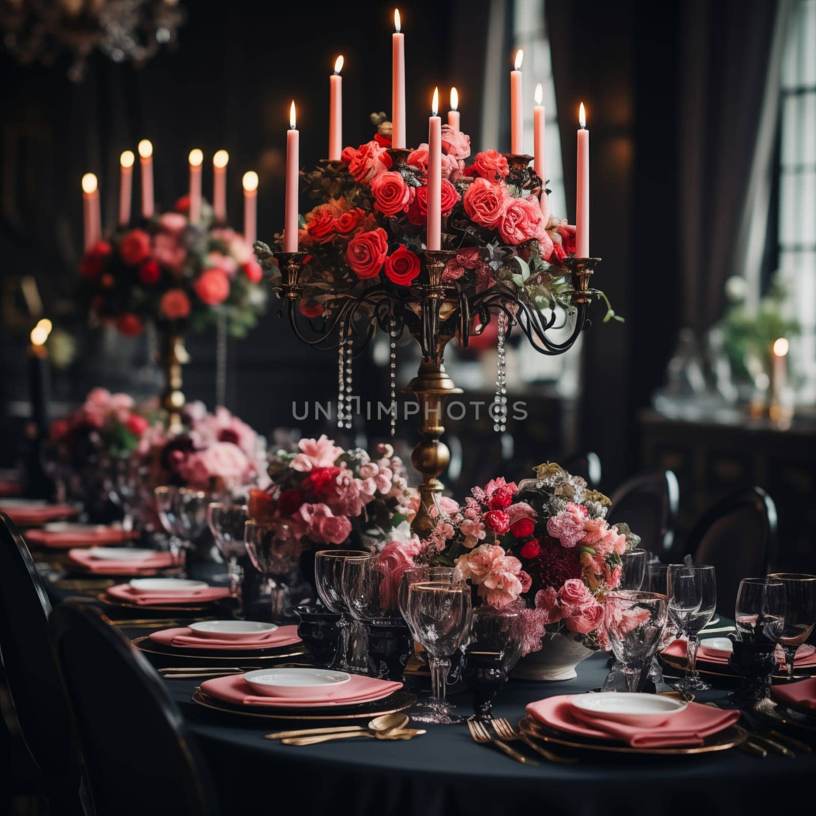 A beautifully arranged table at a luxury wedding reception, adorned with a variety of flowers and glowing candles, creating a romantic and trendy decor. The large chandelier in the background adds to the chic ambiance.