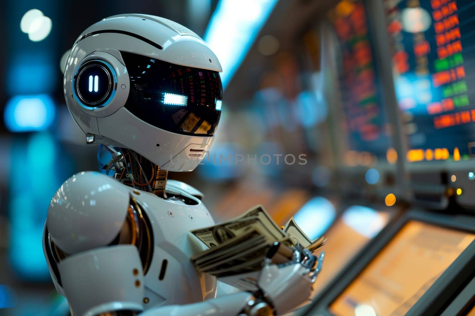 A robot is holding a money and stock chart on background.
