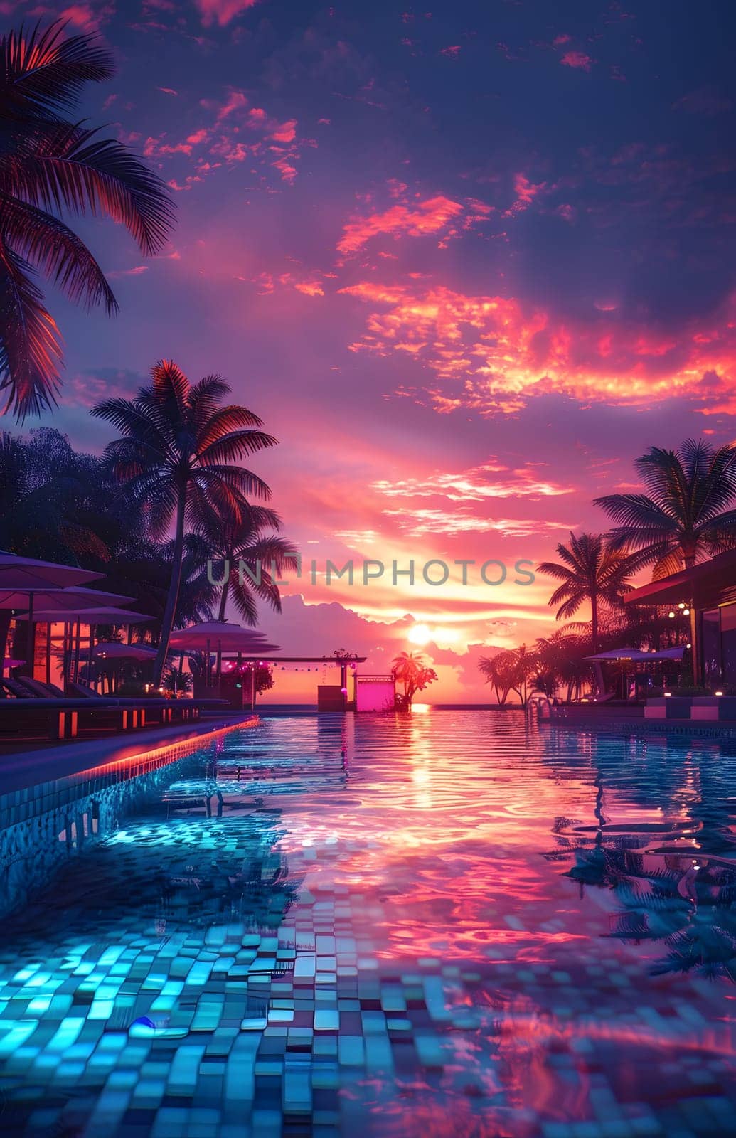 A picturesque dusk scene with a sunset casting a warm afterglow over a swimming pool, surrounded by palm trees against a blue sky