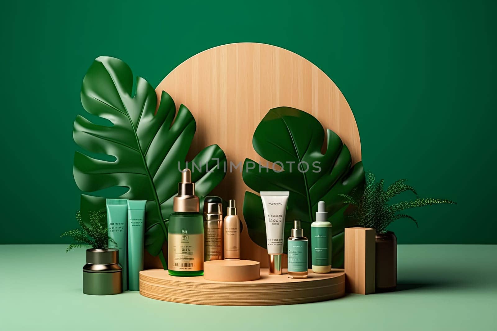 Skincare cosmetics displayed on a podium against a green background.