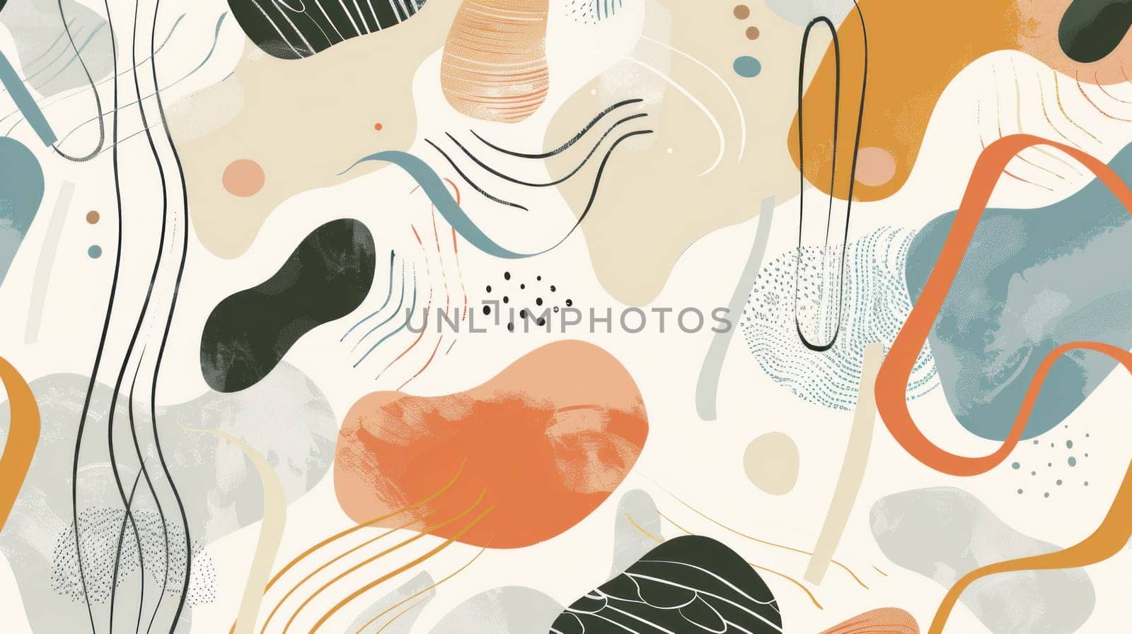 Abstract orange and blue shapes and lines on beige background, artistic pattern inspired by travel and fashion trends