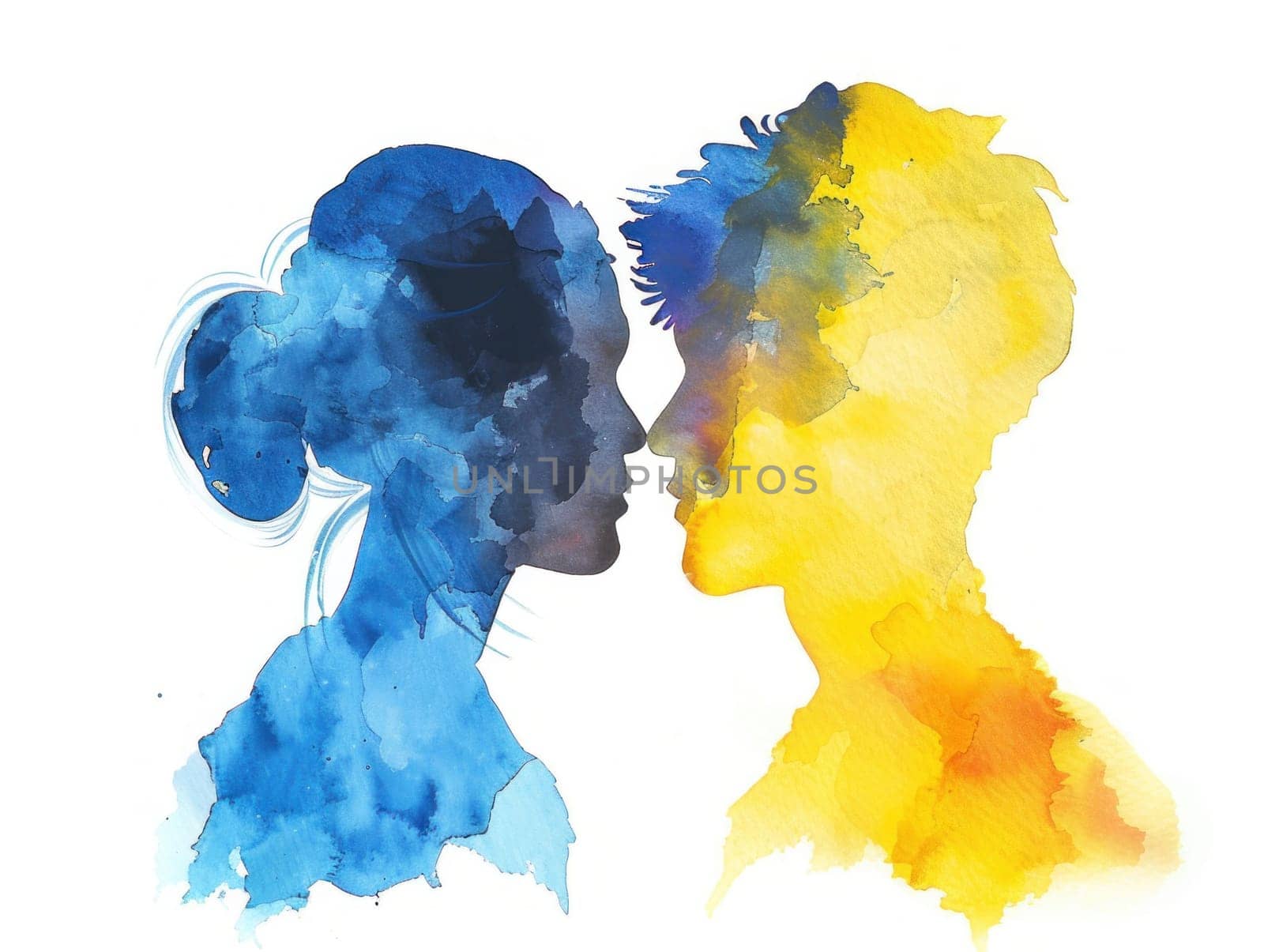 Passionate couple kissing against colorful background love, romance, relationships, watercolor art, affection, sensuality, emotions