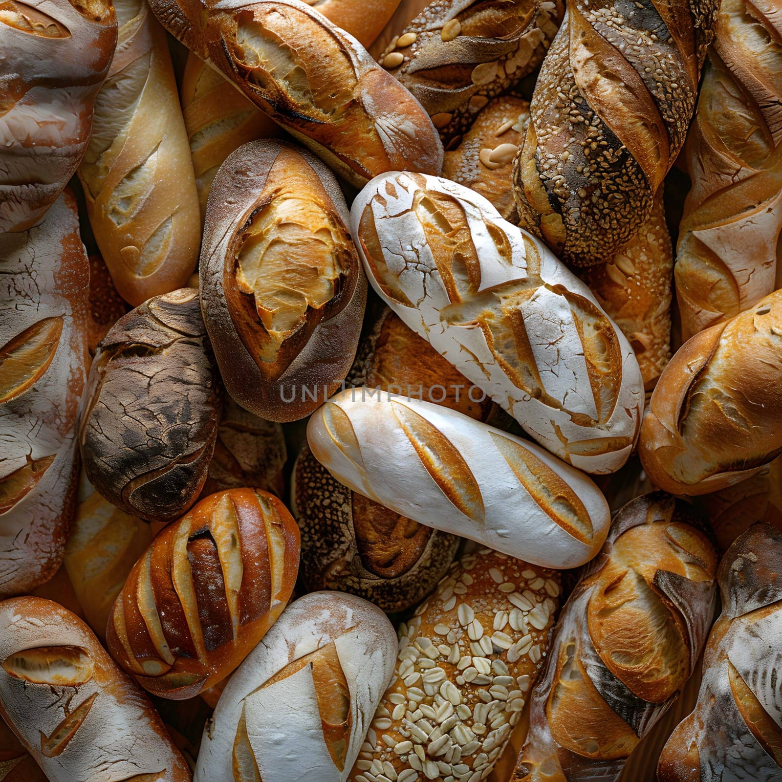 Various types of bread, made from plantbased ingredients, are artfully stacked on top of each other showcasing a delicious array of staple foods that are produced from natural materials