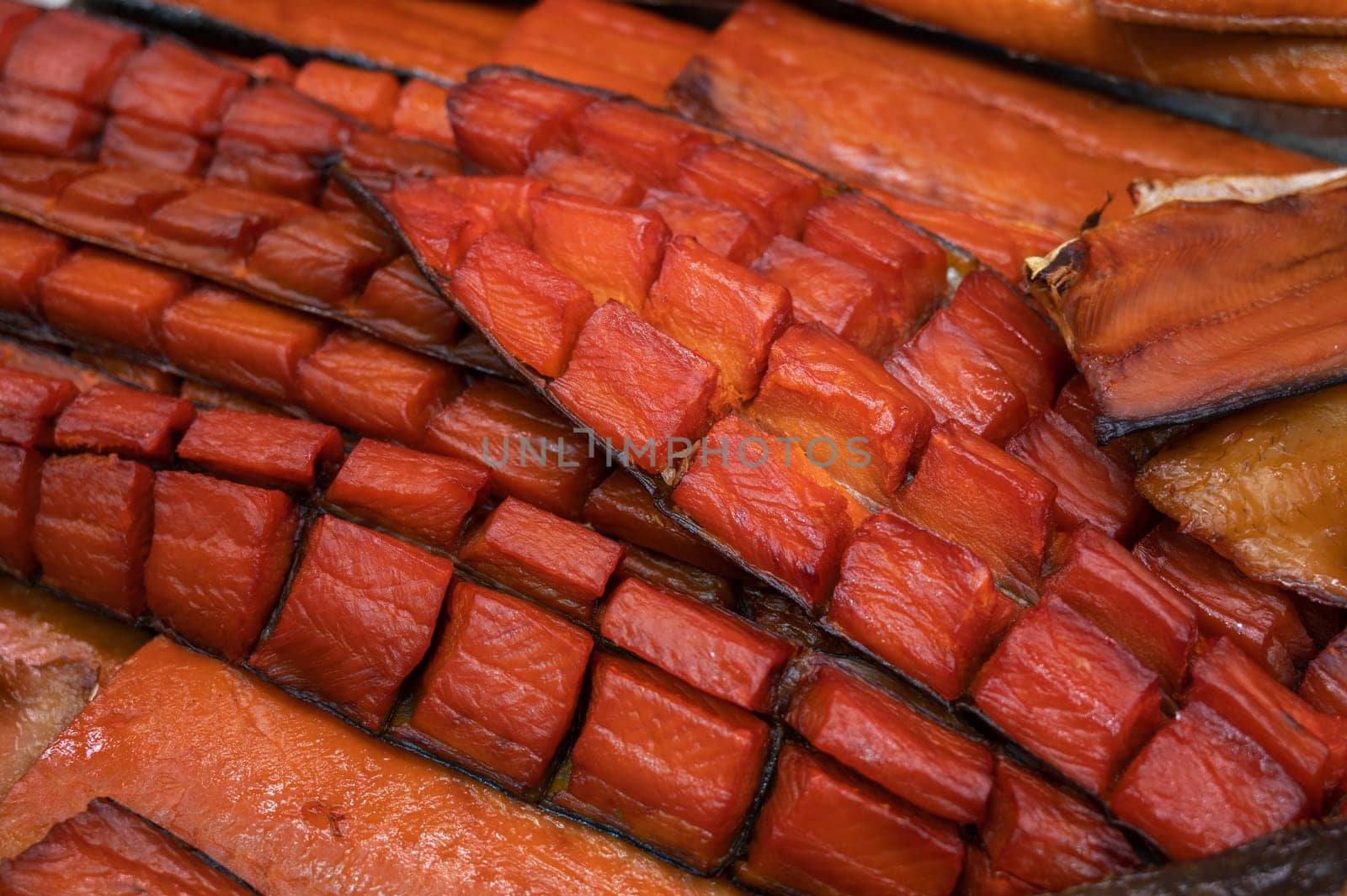 Various smoked fish products. Healthy eating and fish market concept