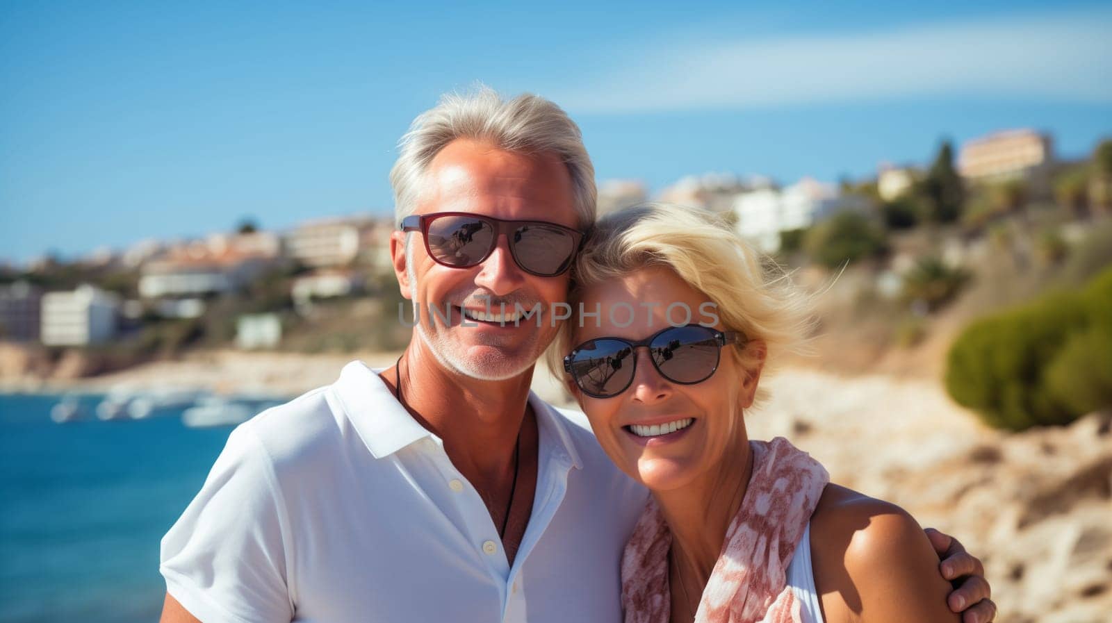 Summer portrait of happy smiling mature couple standing together on sunny coast, woman and man enjoying beach vacation at sea