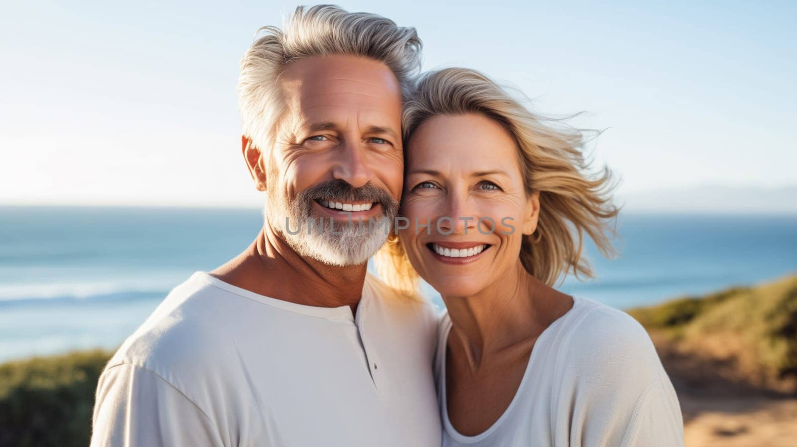 Summer portrait of happy smiling mature couple standing together on sunny coast, woman and man enjoying beach vacation at sea