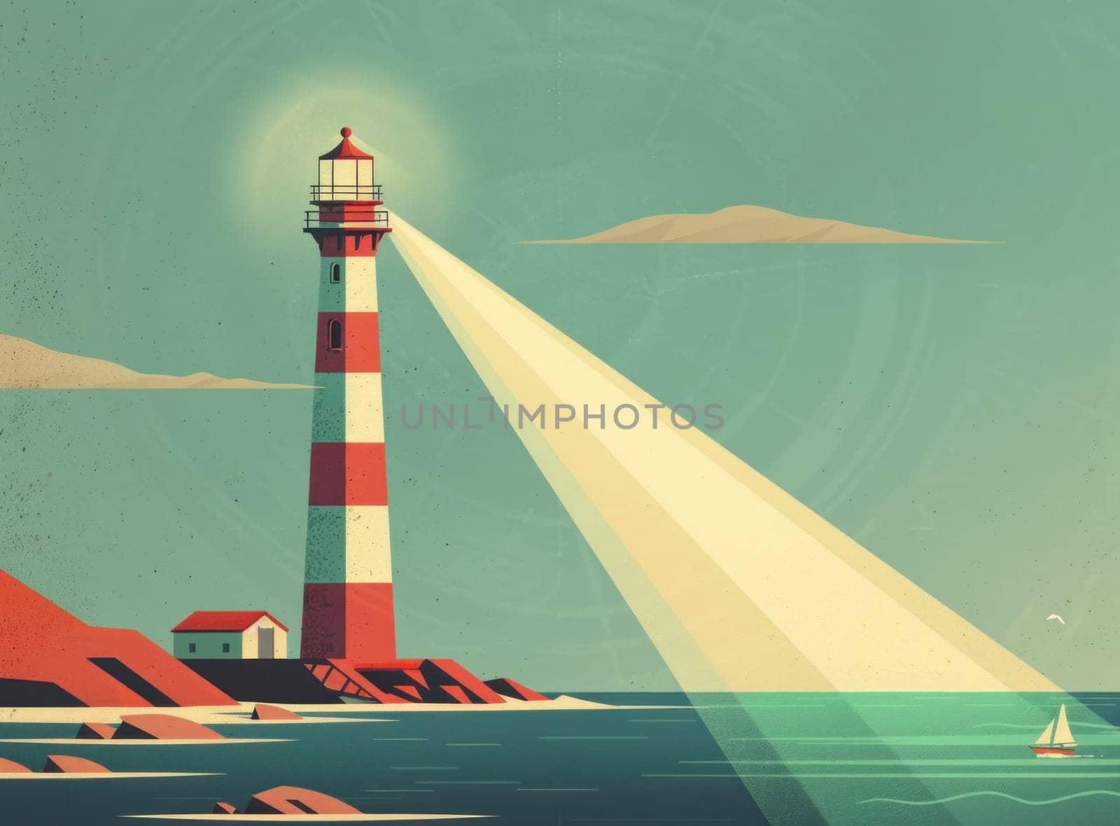 Lighthouse beaming light guiding on a travel adventure trip into the night ocean beauty landscape