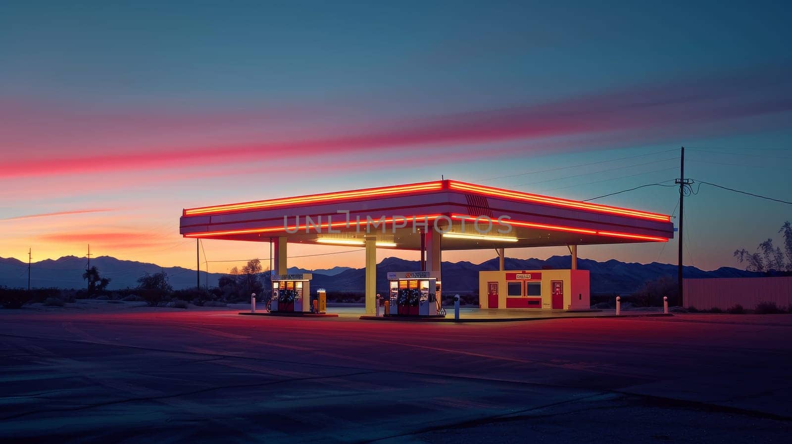 A gas station with a red roof and neon lights. The sky is orange and the sun is setting